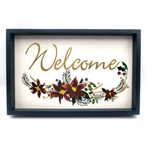 Festive Blooms WELCOME Plaque Poinsettias Dark Green Frame 11x7"